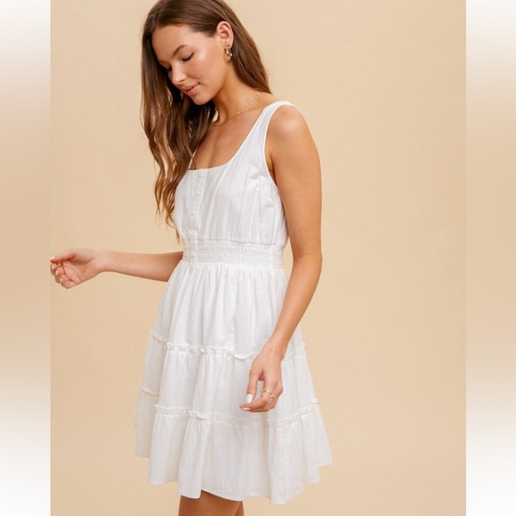 🆕Ruffle Mini Dress Button Down Smocking Waist Feminine - Picture 2 of 8